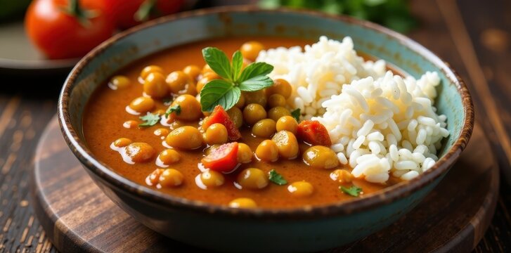 Heavily spiced lentil curry in a rich broth served with steamed rice , coconut milk, dhal, Guyanese cuisine