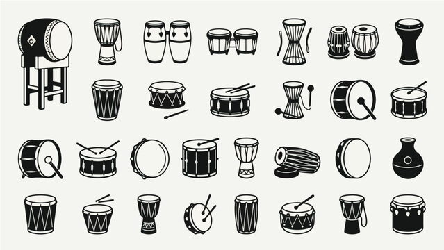 World Drum Percussion Instrument Icon Set Black White Vector Illustration Bundle