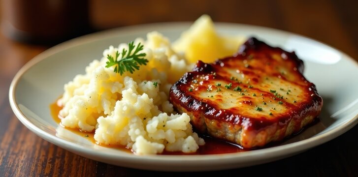Juicy pork knuckle with sauerkraut and mashed potatoes on a plate , Meat, Knuckle,