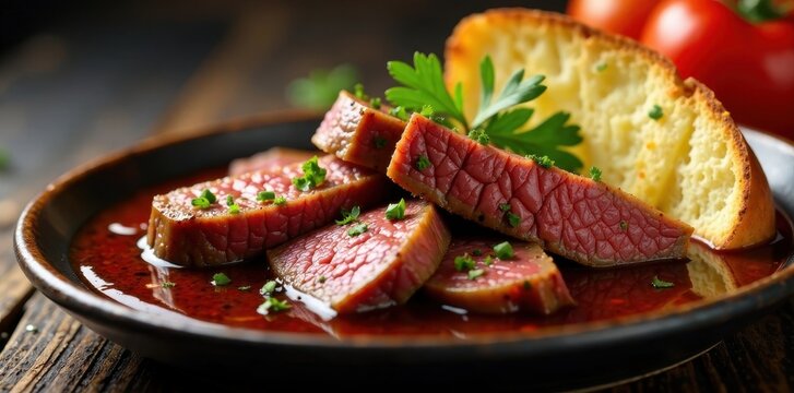Juicy roast beef strips in a savory au jus pool, served with toasted bread for dipping, plate, au jus, food