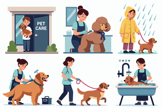 Comprehensive collage of professional pet care services including grooming, dog walking, veterinary checkups, and bathing.