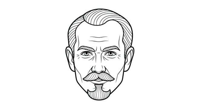 Classic portrait of a man with a well-groomed mustache and goatee is presented as a clean and stylish black and white line art drawing.