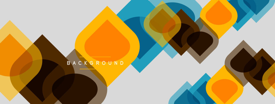 Abstract geometric pattern. Overlapping squares, rectangles, circles create modern design. Warm, cool tones present. Background texture visible.
