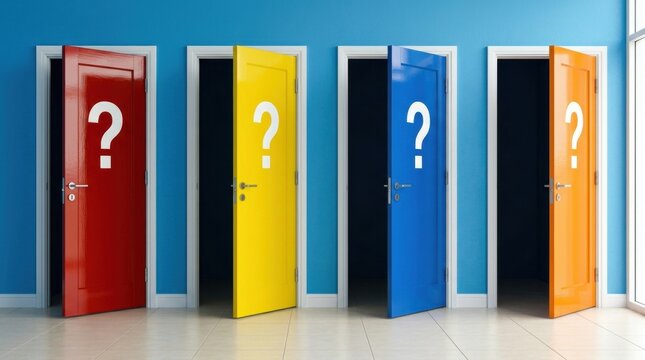 Four doors different colors - red Five colorful with question marks, representing choices and decisions