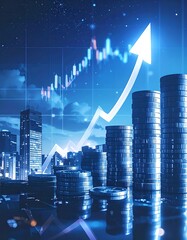 Naklejka premium A futuristic cityscape at night with stacks of coins and a rising graph