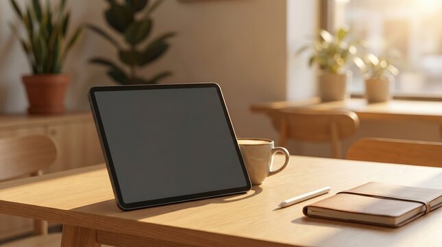 Digital tablet with blank screen stands on wooden table beside coffee cup and leather notebook in bright modern home office interior