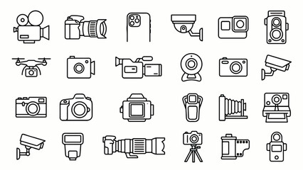 Fototapeta premium Camera Photography Line Icon Set Outline Vector Illustration Equipment Collection