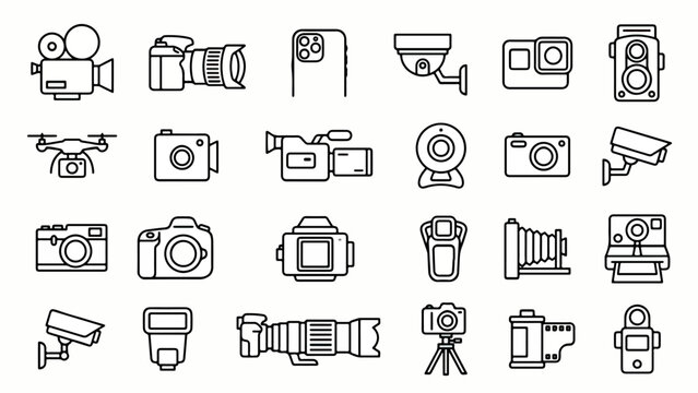 Camera Photography Line Icon Set Outline Vector Illustration Equipment Collection