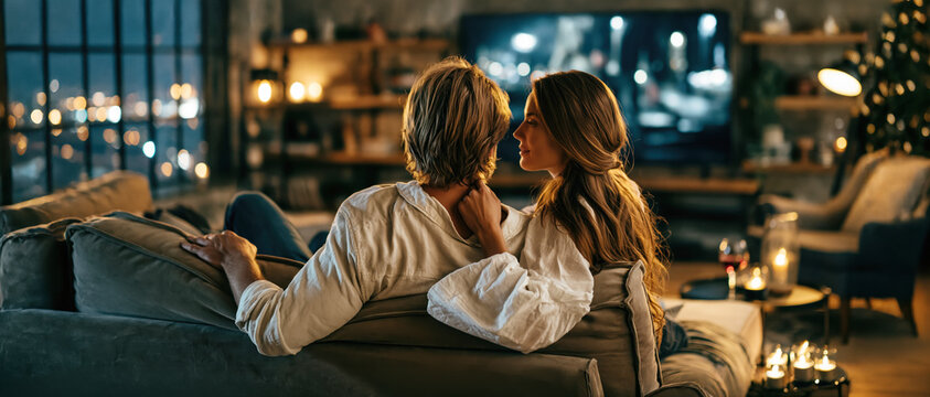 Cozy Couple Watching TV at Home &ndash; Generative AI