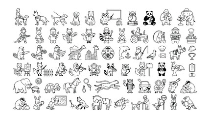 Naklejka premium Charming animal character vector collection, 100+ line art animal icons, black and white cartoon wildlife illustrations, playful animal graphics for children's designs and educational content