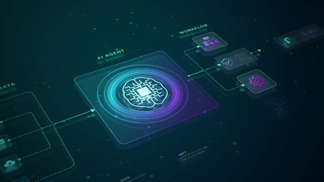 AI agent workflow automation with intelligent data processing, secure orchestration, analytics dashboards, and automated business operations in a digital enterprise environment, Technology concept