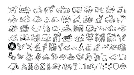 Fototapeta premium Wildlife and Nature Vector Icon Set, 100 Hand-Drawn Black and White Animal and Outdoor Element Illustrations, Camping and Forest Adventure Graphics for Web Design and Print