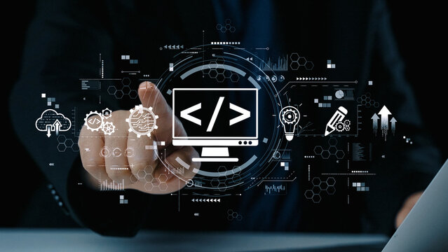 Modern web development concept featuring coding symbols, web development process, web development interface, and web development tools with futuristic design. Elide