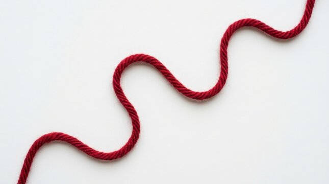 Single strand red thread white background A of vibrant curves gracefully across