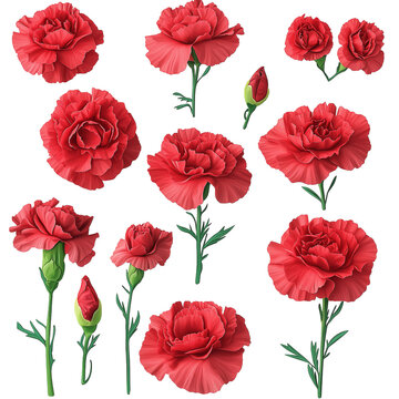 Collection of Twelve Red Carnation Flowers and Buds with Detailed Petal Texture