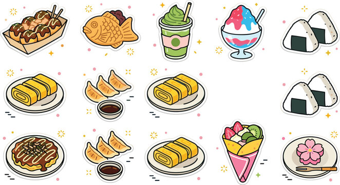 Japanese street food and snack cartoon sticker set featuring takoyaki taiyaki matcha shaved ice onigiri tamagoyaki gyoza okonomiyaki crepe and wagashi sweets vector illustration.