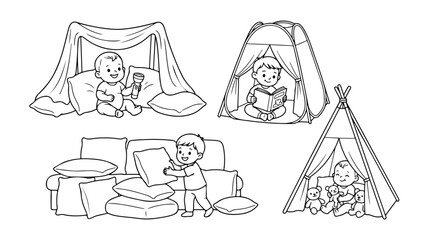 Cozy children's fort building vector set, playful kids creating blanket forts and teepees, imaginative indoor play scenes, black and white line art illustrations for childhood concepts. © Haseeb's Work