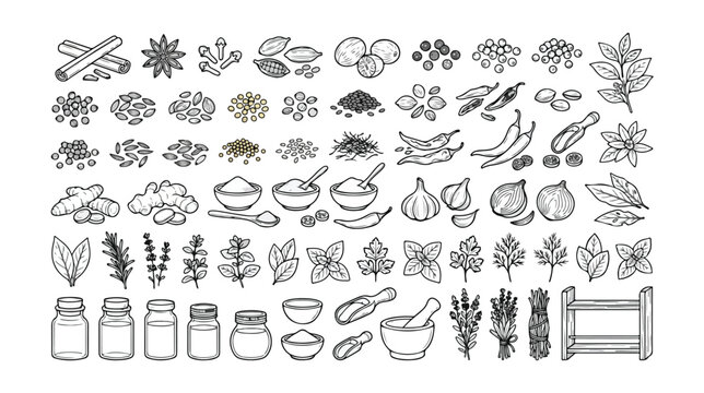 Aromatic spices and herbs vector icon set, hand-drawn black and white line art collection, culinary ingredients for cooking and seasoning, food and kitchen design elements
