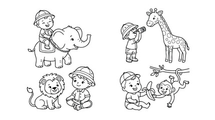 Adorable safari adventure vector set, charming baby explorers with jungle animals, cute elephant ride, giraffe observation, playful lion cub, and monkey banana sharing © Haseeb's Work