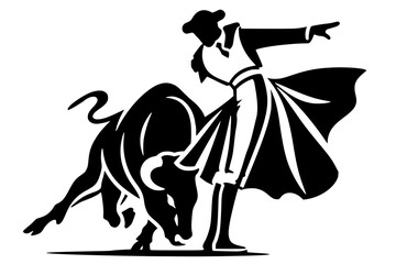 Fototapeta premium Vector silhouette of matador with cape facing charging bull. Minimalist design symbolizing tradition, drama, and cultural sport of bullfighting.