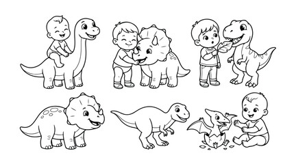 Cute baby dinosaurs and toddlers vector illustration set, adorable prehistoric animal and child friendship, playful cartoon character collection for children's designs © Haseeb's Work