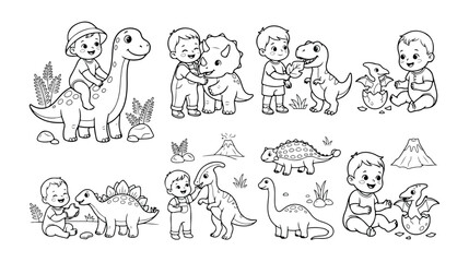 Cute baby and dinosaur vector illustration set, adorable children playing with prehistoric creatures, playful kids with friendly dinosaurs, black and white line art for coloring books and © Haseeb's Work