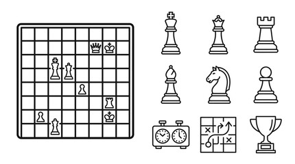 Chess Strategy Icons: Board, Pieces, Timer, Trophy, Tactics Plan © khami