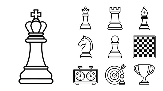 Chess Game Icons: King, Queen, Rook, Bishop, Knight, Pawn, Board, Timer, Trophy