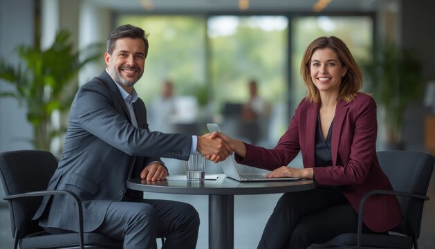 Professional business people shaking hands in modern office with business handshake partnership agreement collaboration professional corporate negotiation colleagues executive workplace