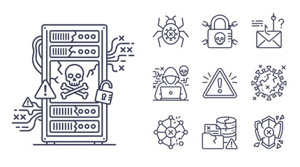 Cyber Security Icons: Server Hack, Virus, Phishing, Data Breach © khami