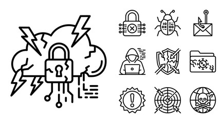 Cybersecurity Cloud Icons: Lock, Hacker, Bug, Phishing, Virus © khami
