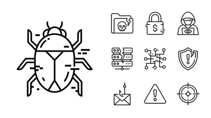 Cybersecurity Icons: Bug, Hack, Data Breach, Malware, Phishing, Threat © khami
