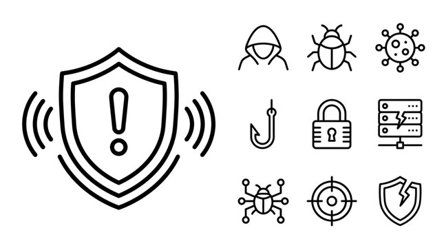 Cyber Security Icons: Shield, Hacker, Bug, Virus, Hook, Padlock, Server