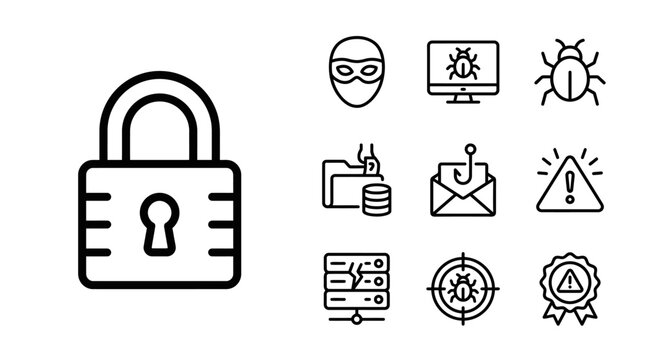 Cybersecurity Icons: Lock, Hacker, Bug, Virus, Data Breach, Phishing