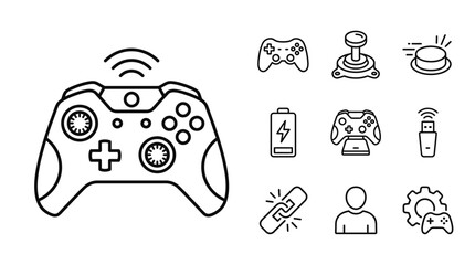 Gaming Controller Icons: Wireless gamepad, joystick, battery, USB © khami