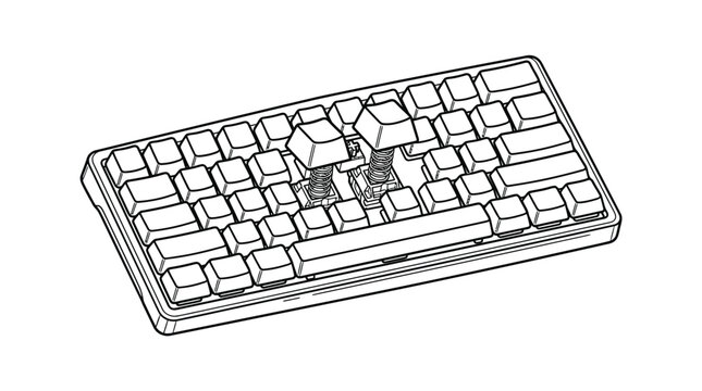 Mechanical computer keyboard line art illustration on white background.
