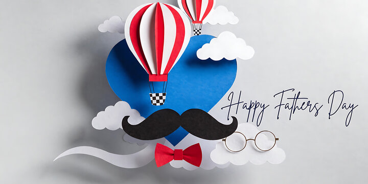 Paper craft fathers day background with heart mustache and hot air balloons, bow tie