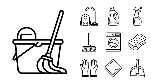 Cleaning Supplies Icons: Mop, Bucket, Vacuum, Detergent, Spray Bottle