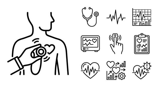 Doctor examining heart with stethoscope, medical icons, cardiology, health