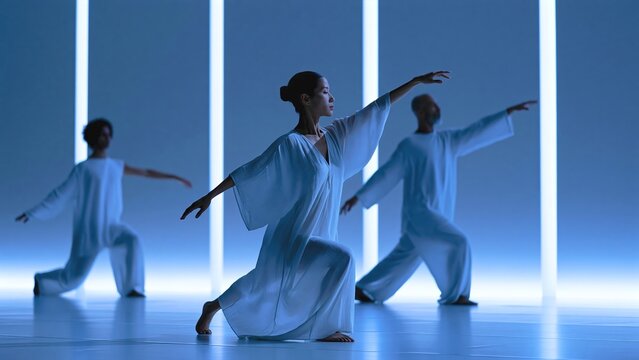 Contemporary minimalist dancers performing in blue-lit studio