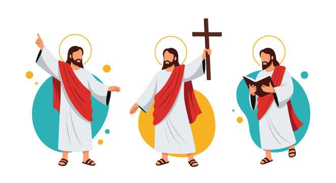 Vector character set of Jesus Christ in different poses preaching, holding a holy cross, and reading the holy bible.