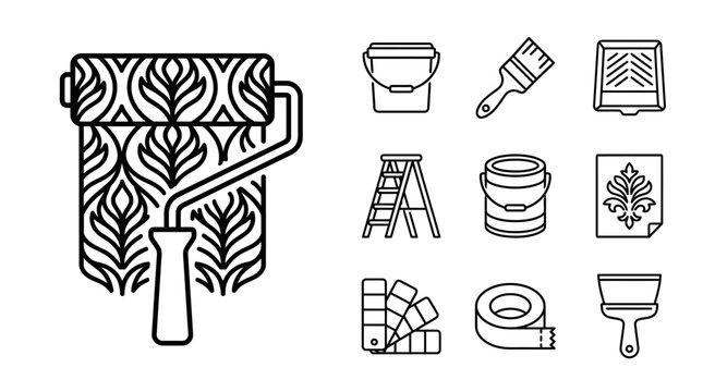 Home Renovation Tools Icons: Paint Roller, Buckets, Brushes, Ladder, Swatches