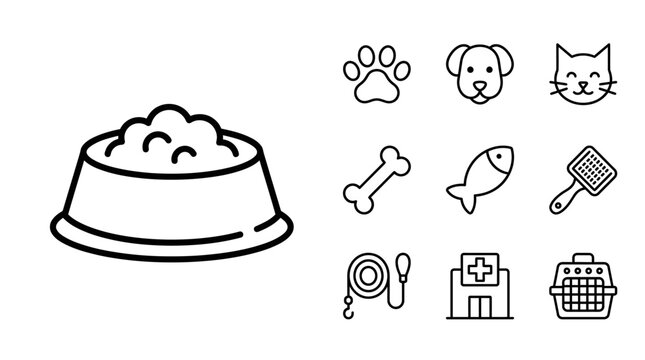 Pet Care Icons: Food Bowl, Dog, Cat, Bone, Fish, Grooming, Leash, Vet, Carrier