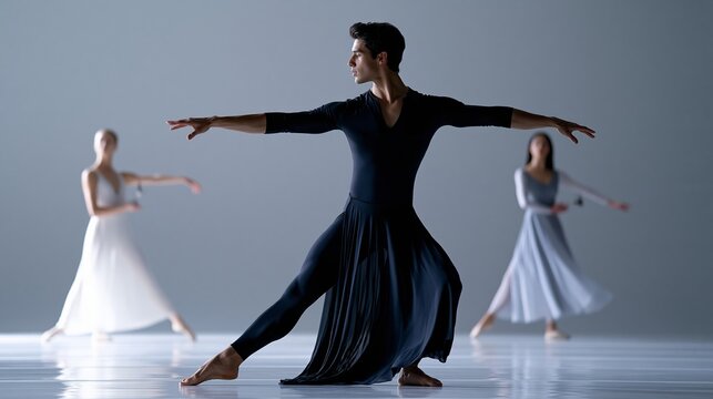 Male ballet dancer in dramatic pose with two female dancers in soft light