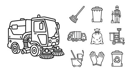 Street Sweeper Truck and Cleaning Icons Line Art © khami