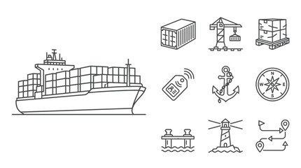 Naklejka premium Cargo Ship and Logistics Icons: Shipping, Delivery, Navigation