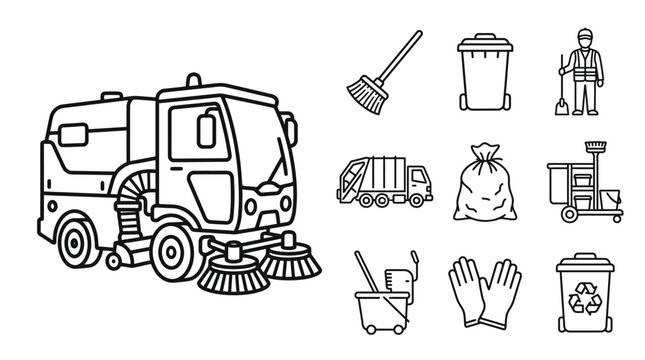 Street Sweeper Truck and Cleaning Icons Line Art