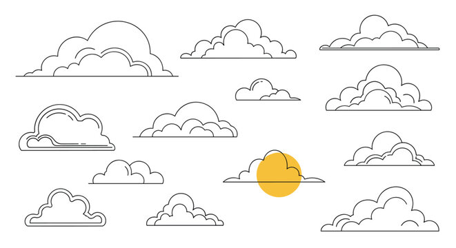 Collection of various cloud line drawings in vector format with one cloud highlighted by a bright yellow sun circle.