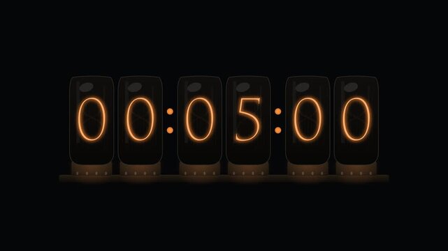 Six nixie tube chronometer counting up with warm amber neon glow, seamless looping digital stopwatch readout, 4K technology background