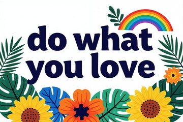 Obraz premium Motivational phrase do what you love with bright floral border. Rainbow arch above, tropical leaves and flowers surround text. Positive message graphic for inspiration.